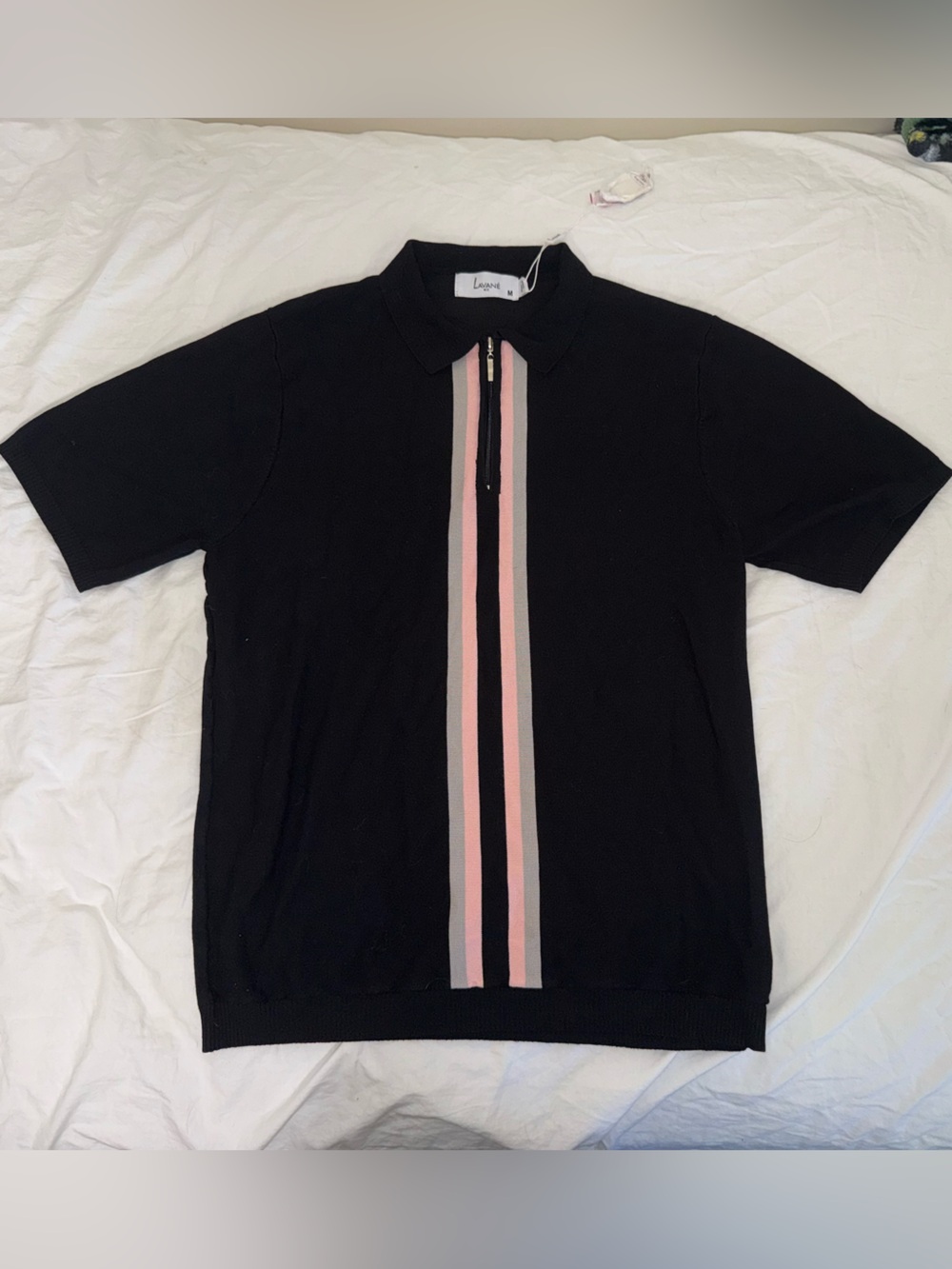 Black Short-Sleeve Zip Top with Pink and Gray Stripes